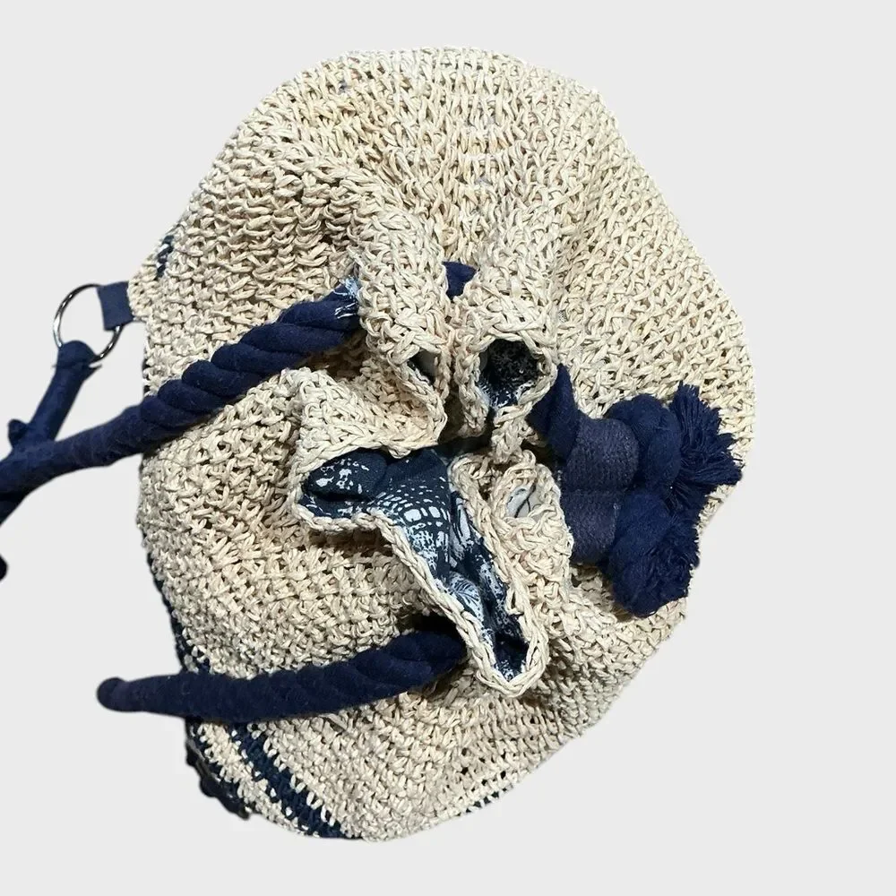Cynthia Rowley Straw Drawstring Backpack Cream Navy Woven Boho Bag